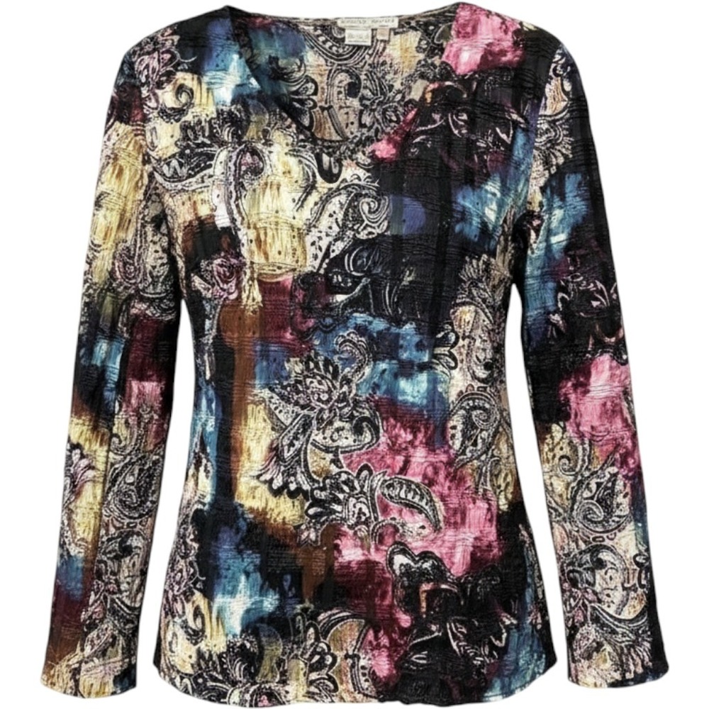 Alberto Makali Top Multicolor Paisley Sequin Crinkle Art to Wear Women Large